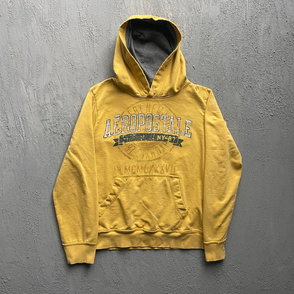 Vintage Distressed Graphic Hoodie Men Large Yellow 2000s Aeropostale